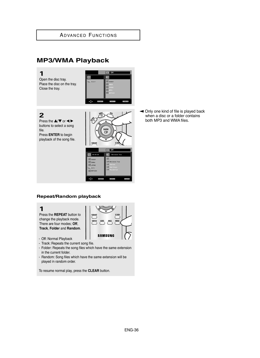 Samsung DVD-P250K/XSG manual MP3/WMA Playback, Repeat/Random playback, Press the …/† or œ/√ buttons to select a song file 