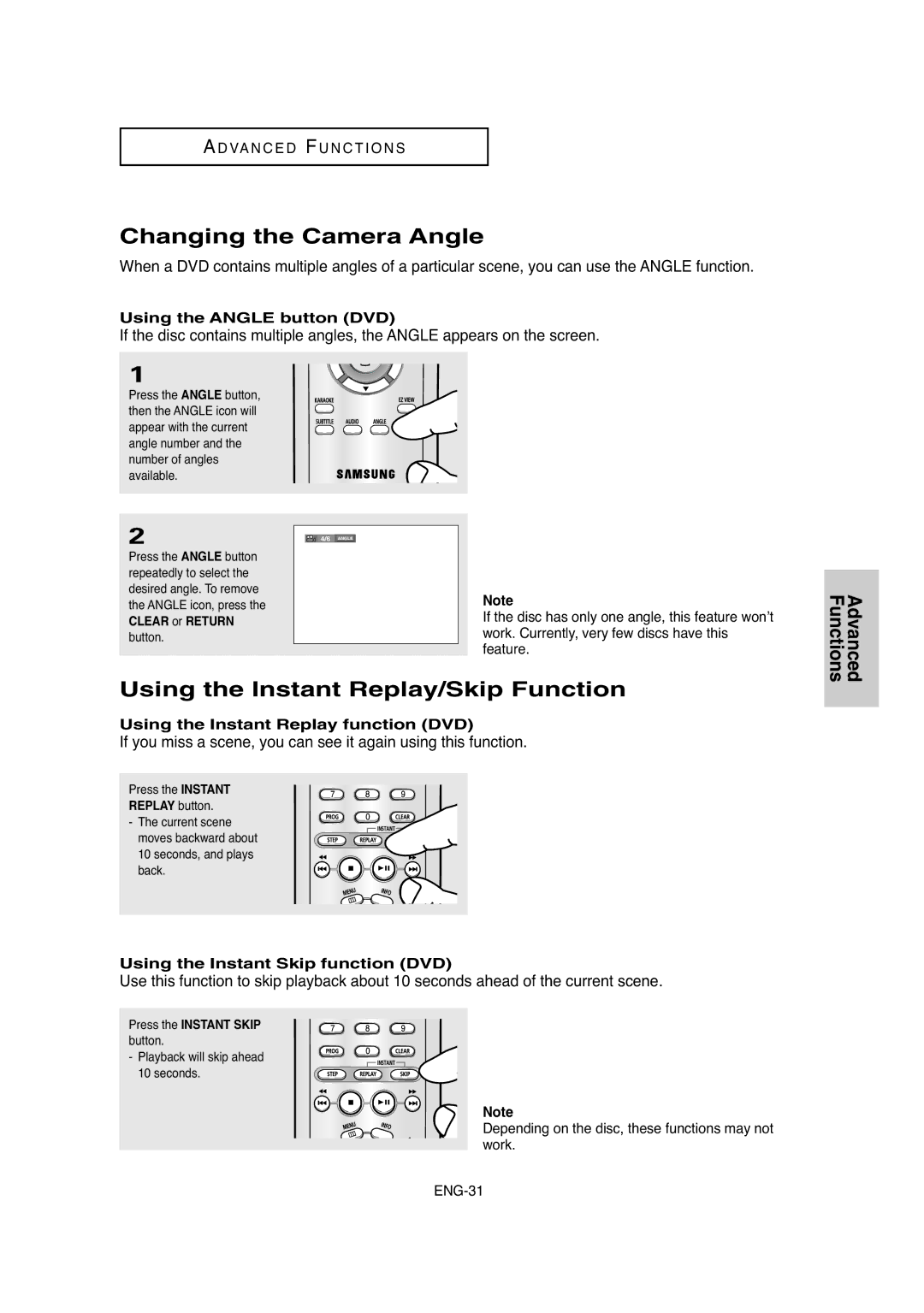 Samsung DVD-P250K/AFR manual Changing the Camera Angle, Using the Instant Replay/Skip Function, Using the Angle button DVD 