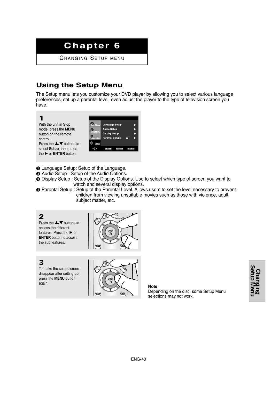 Samsung DVD-P250K/AFR, DVD-P250K/XFA, DVD-P250K/XSG manual Using the Setup Menu 