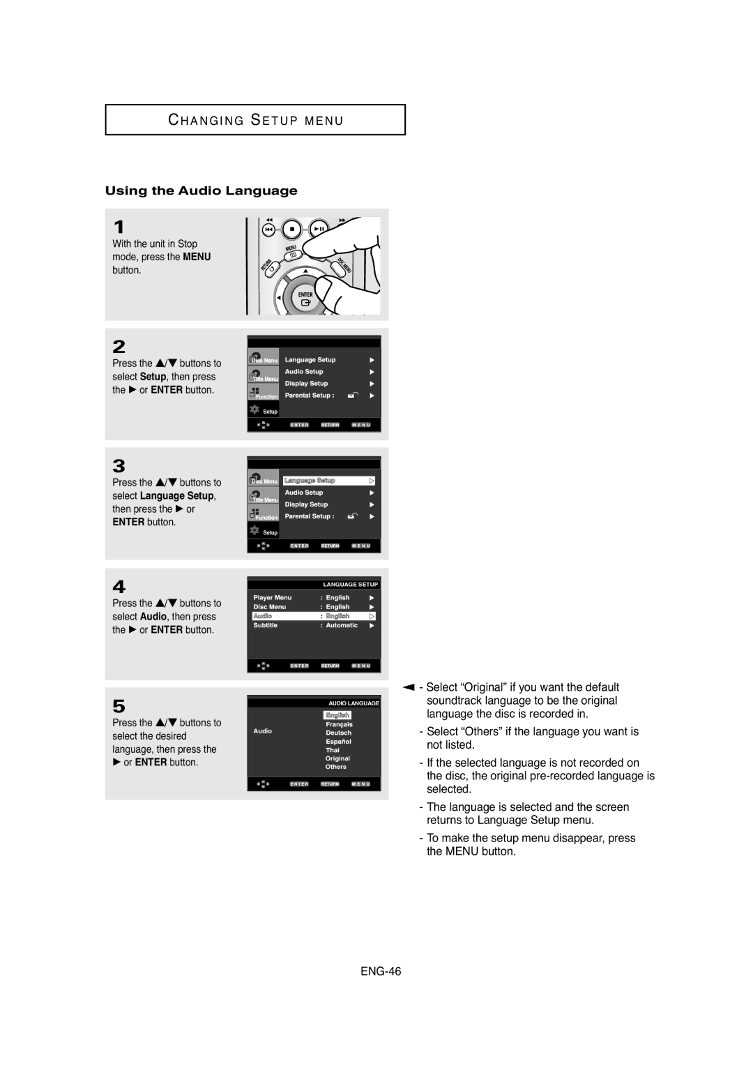 Samsung DVD-P250K/AFR manual Using the Audio Language, Press the …/† buttons to, Select the desired, Language, then press 