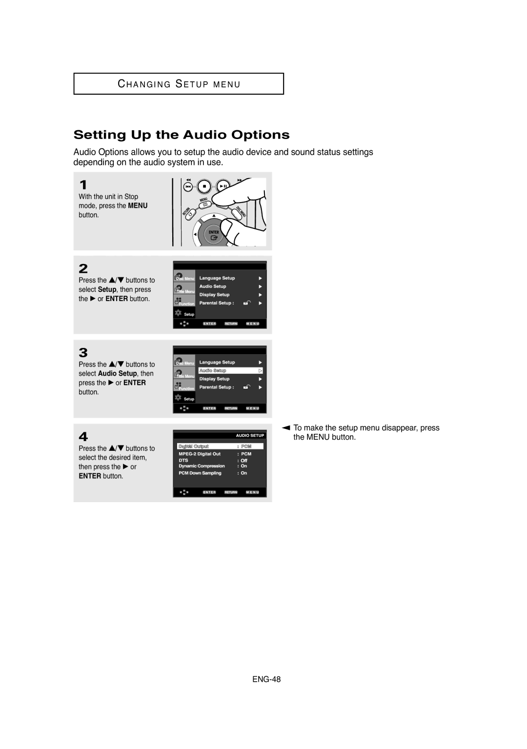 Samsung DVD-P250K/XFA, DVD-P250K/AFR, DVD-P250K/XSG manual Setting Up the Audio Options, Enter button 