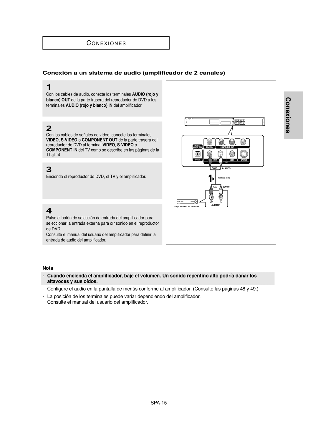 Samsung DVD-P250K, DVD-P255K manual Conexión a un sistema de audio amplificador de 2 canales 