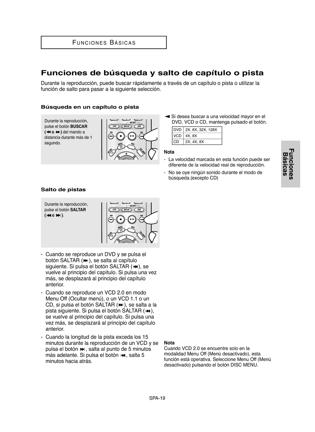 Samsung DVD-P250K Funciones de búsqueda y salto de capítulo o pista, Búsqueda en un capítulo o pista, Salto de pistas 