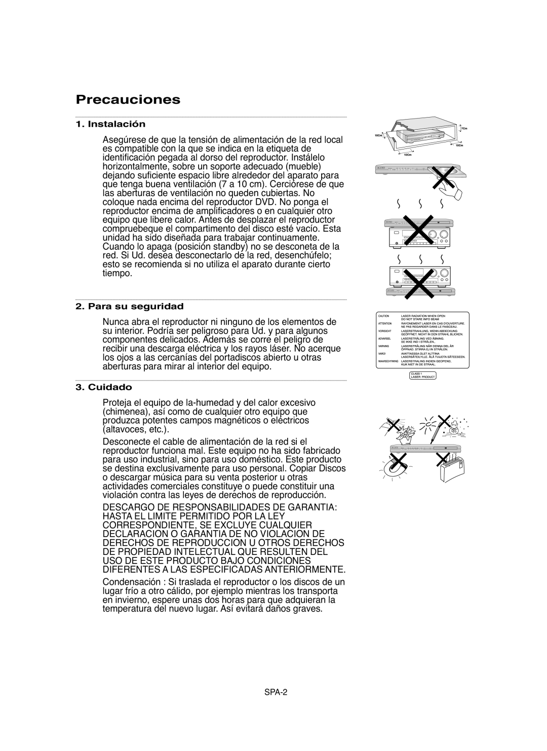 Samsung DVD-P255K, DVD-P250K manual Precauciones, Instalación, Para su seguridad, Cuidado 