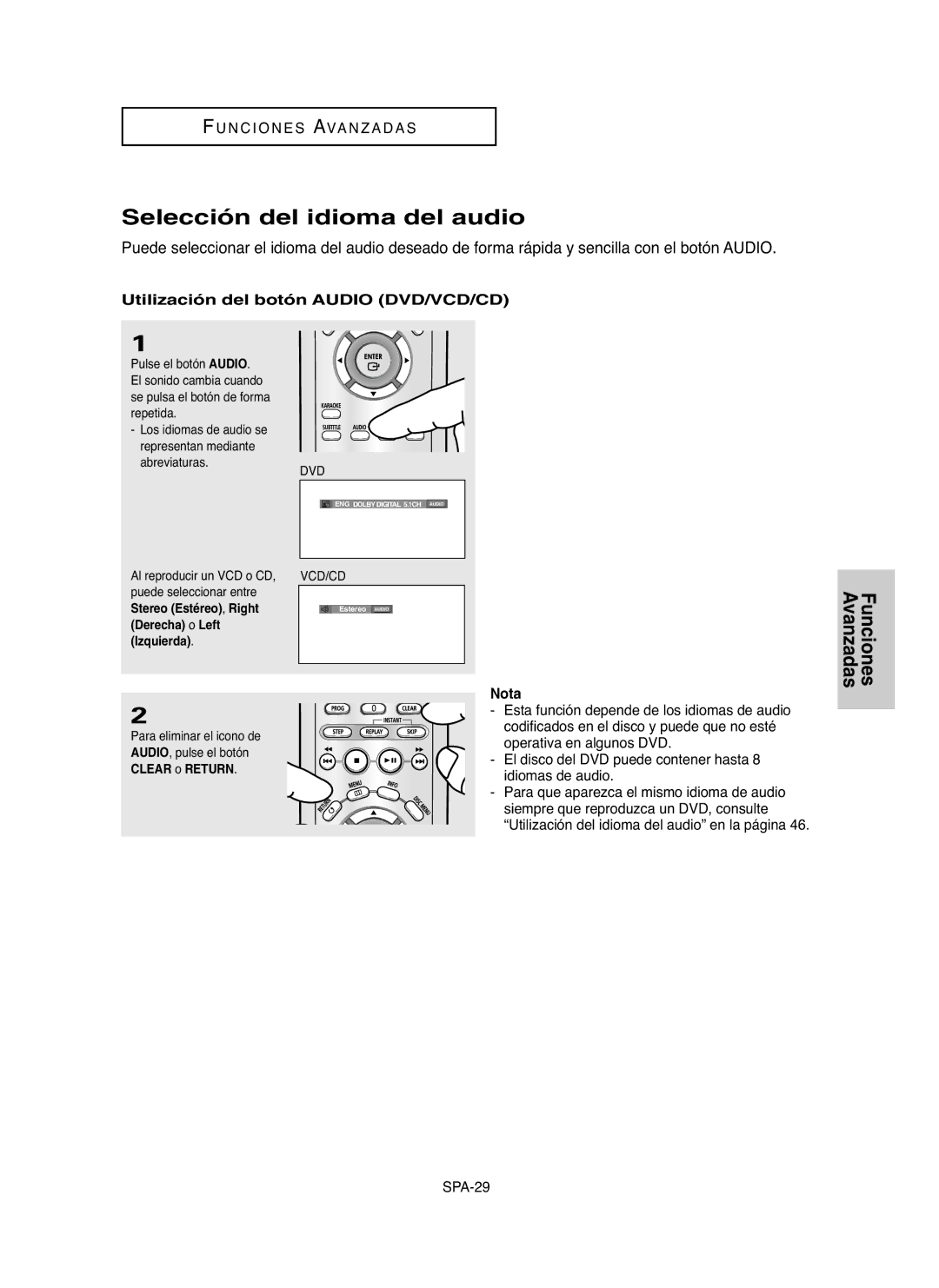 Samsung DVD-P250K, DVD-P255K manual Selección del idioma del audio, Utilización del botón Audio DVD/VCD/CD 