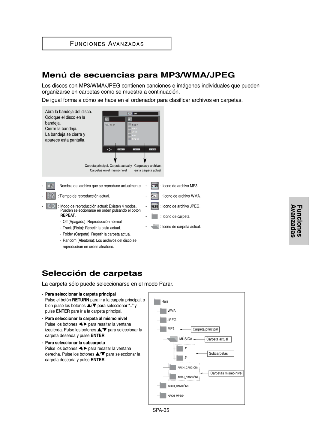 Samsung DVD-P250K manual Menú de secuencias para MP3/WMA/JPEG, Selección de carpetas, Para seleccionar la carpeta principal 