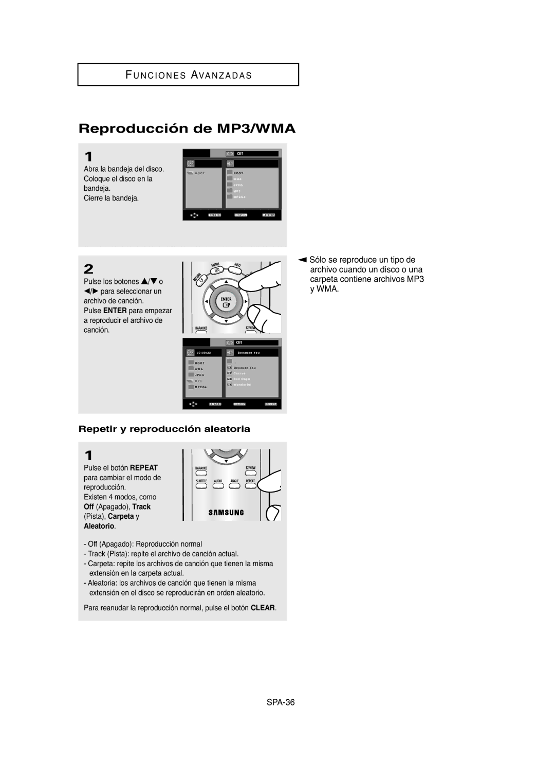 Samsung DVD-P255K, DVD-P250K manual Reproducción de MP3/WMA, Repetir y reproducción aleatoria, Aleatorio 