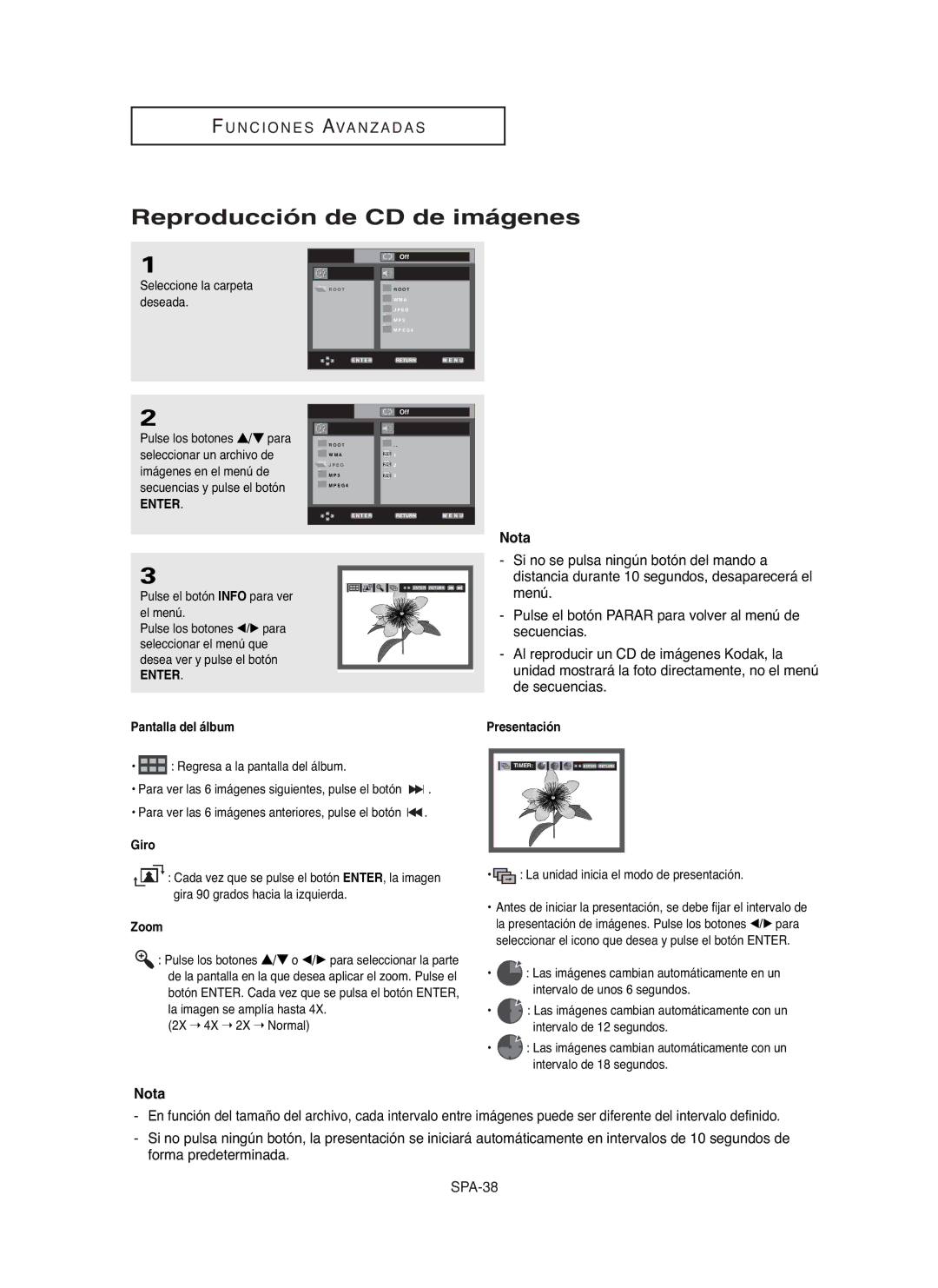 Samsung DVD-P255K, DVD-P250K manual Reproducción de CD de imágenes, Pantalla del álbum, Giro, Zoom, Presentación 