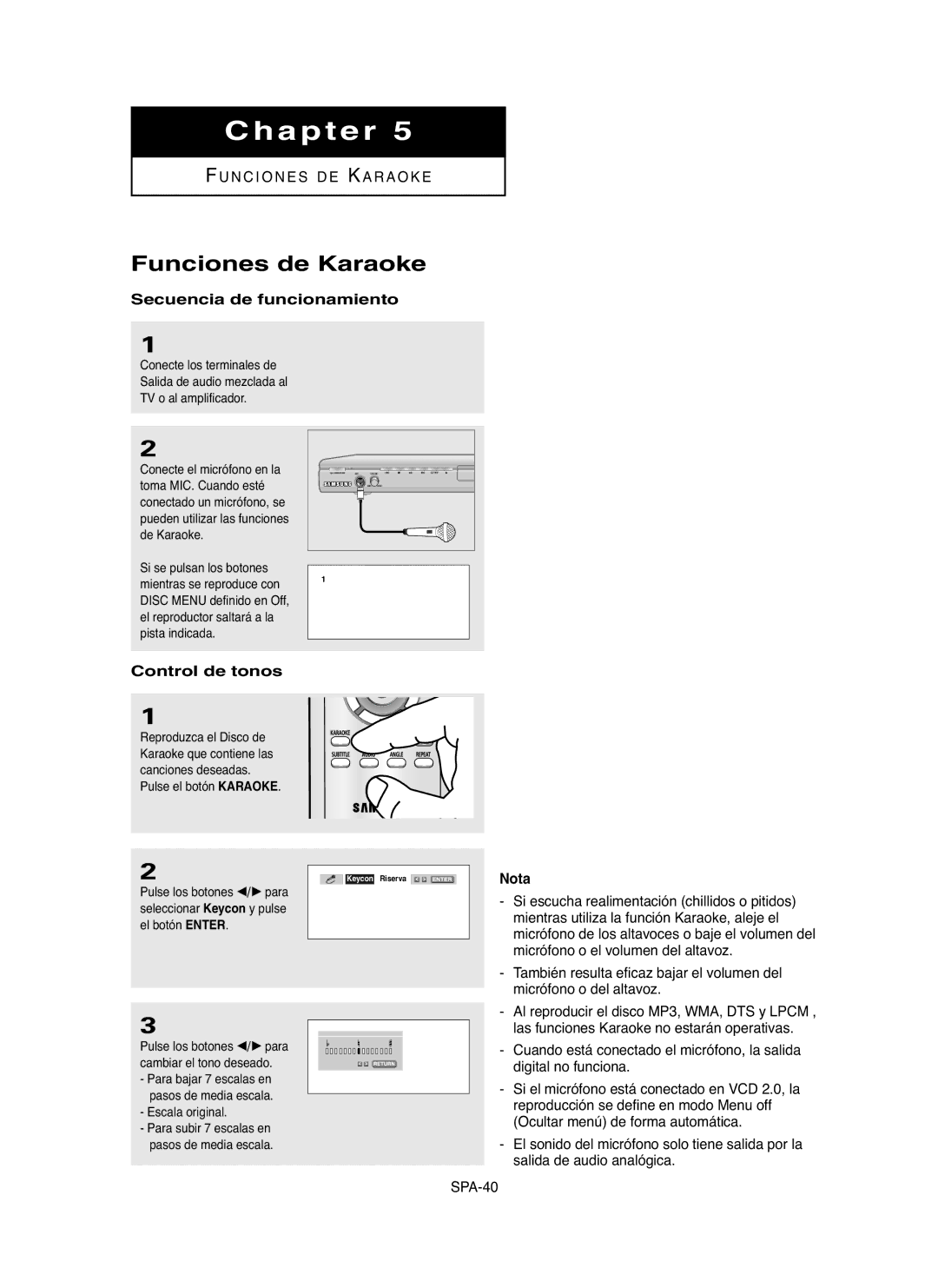 Samsung DVD-P255K, DVD-P250K manual Funciones de Karaoke, Secuencia de funcionamiento, Control de tonos 