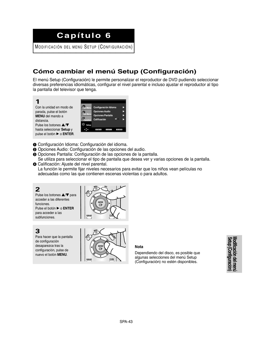 Samsung DVD-P250K, DVD-P255K manual Cómo cambiar el menú Setup Configuración 