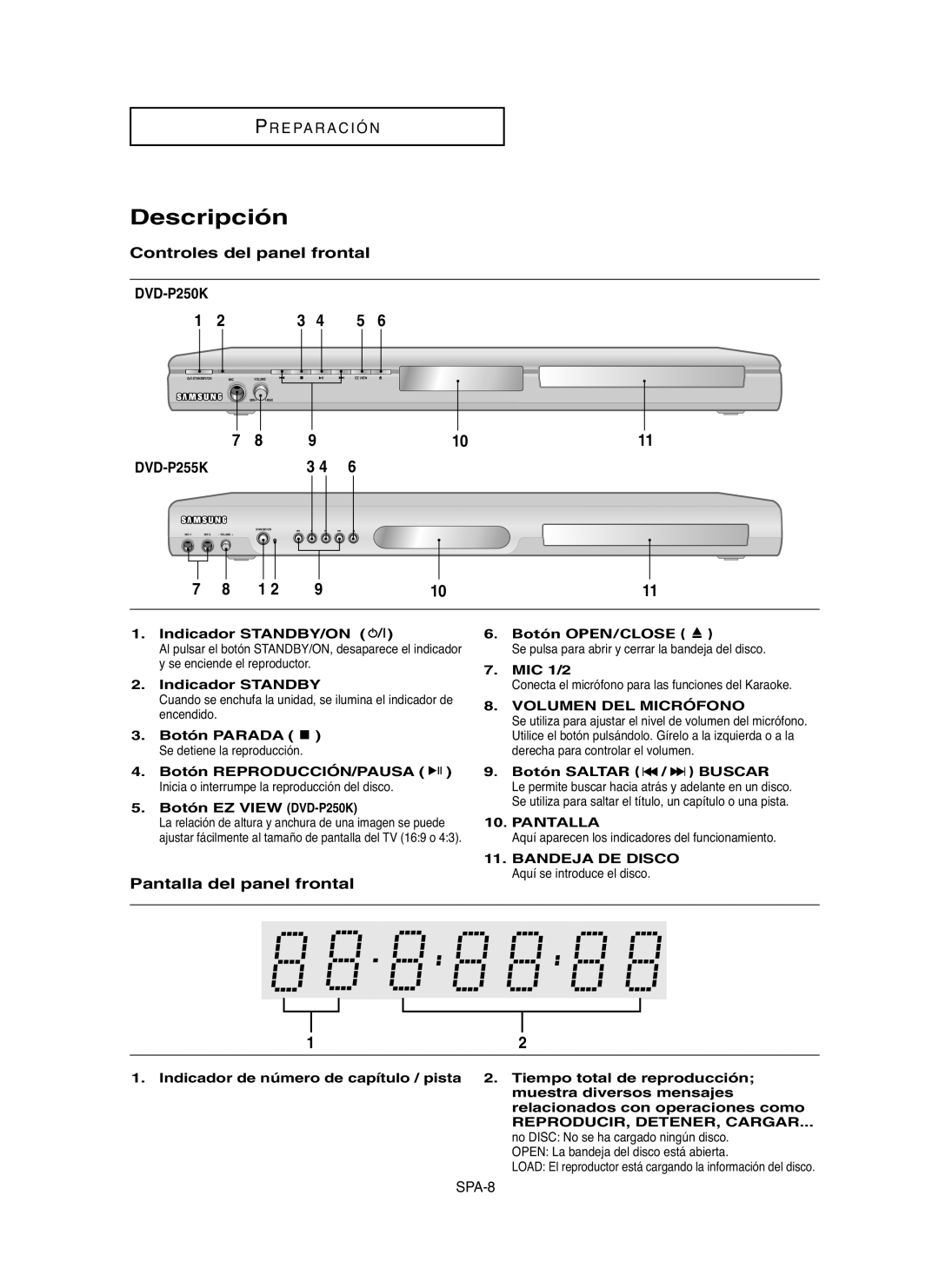 Samsung DVD-P255K, DVD-P250K manual Descripción, Controles del panel frontal, Pantalla del panel frontal 