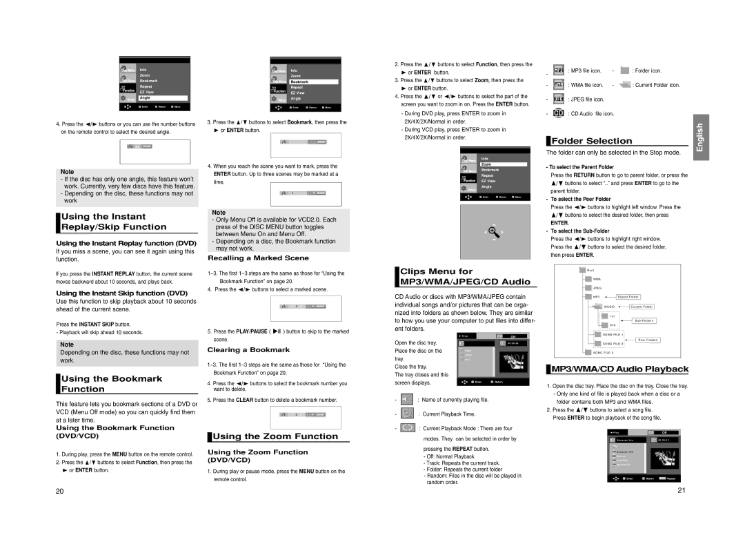 Samsung DVD-P260K Folder Selection, Using the Instant Replay/Skip Function, Using the Bookmark Function, Clips Menu for 