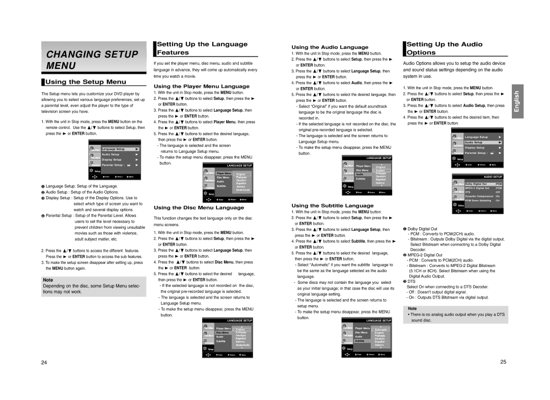 Samsung DVD-P260K manual Changing Setup Menu, Using the Setup Menu, Setting Up the Language Features 