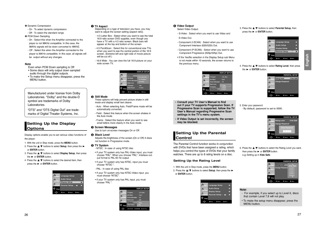 Samsung DVD-P260K manual Setting Up the Display, Setting Up the Parental, Control, Setting Up the Rating Level 