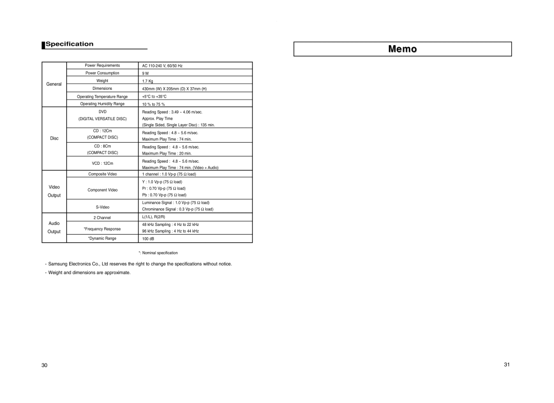 Samsung DVD-P260K manual Specification, General, Video, Output, Audio 