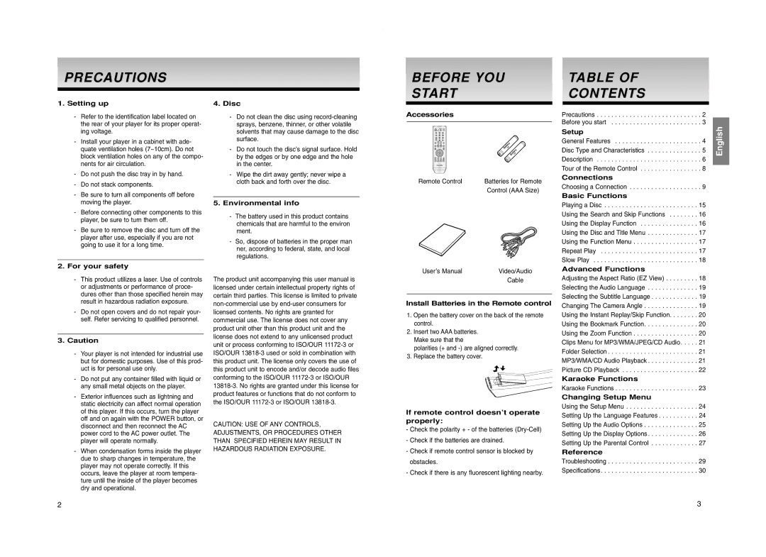 Samsung DVD-P260K manual Precautions, Before Youou Start, Contentscontents 