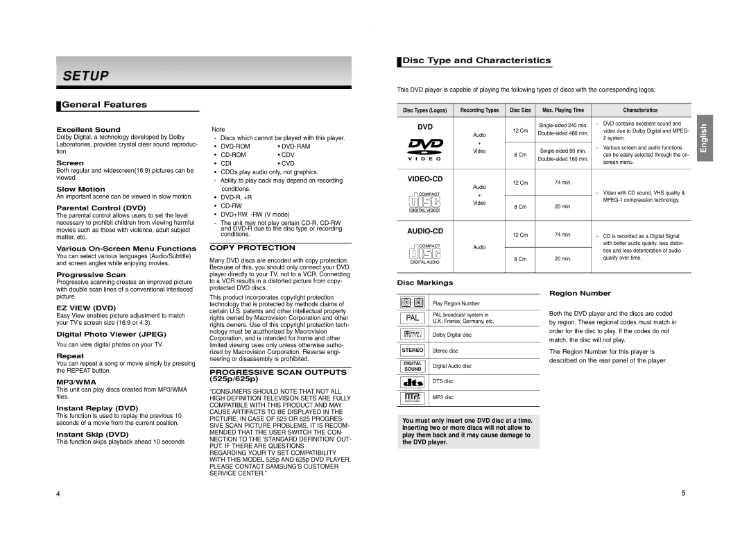 Samsung DVD-P260K manual Setup, Disc Type and Characteristics, General Features 