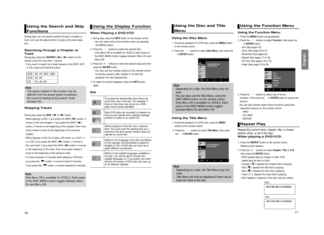 Samsung DVD-P260K manual Using the Search and Skip Functions, Using the Display Function, Using the Disc and Title Menu 