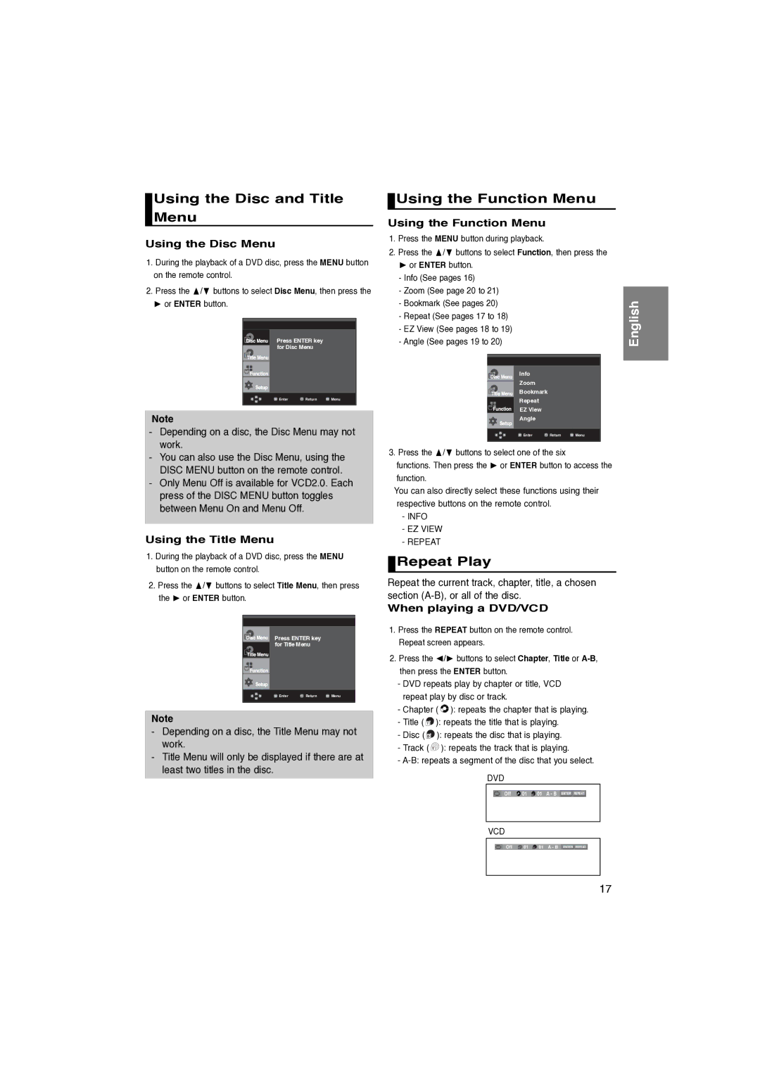 Samsung DVD-P260K/AFR manual Using the Disc and Title Menu, Using the Function Menu, Repeat Play 