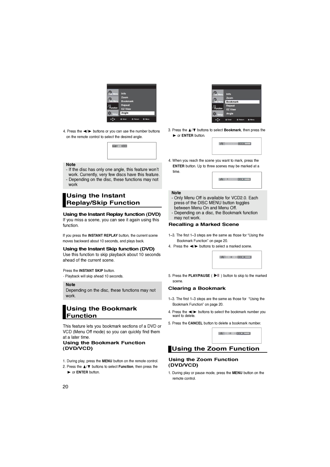 Samsung DVD-P260K/AFR manual Using the Instant Replay/Skip Function, Using the Bookmark Function, Using the Zoom Function 