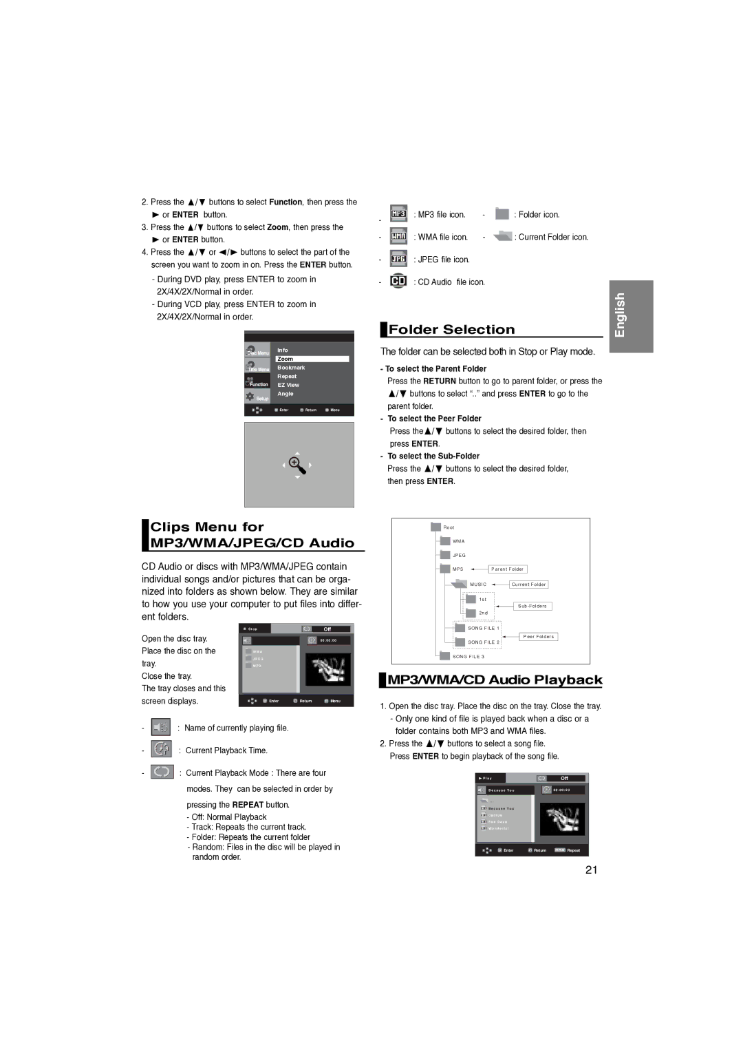 Samsung DVD-P260K/AFR manual Clips Menu for MP3/WMA/JPEG/CD Audio, Folder Selection, MP3/WMA/CD Audio Playback 