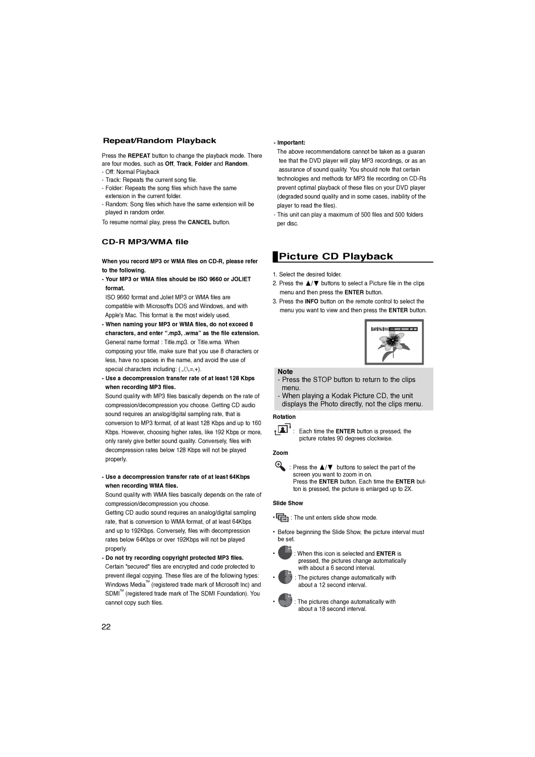 Samsung DVD-P260K/AFR manual Picture CD Playback, Repeat/Random Playback, CD-R MP3/WMA file 