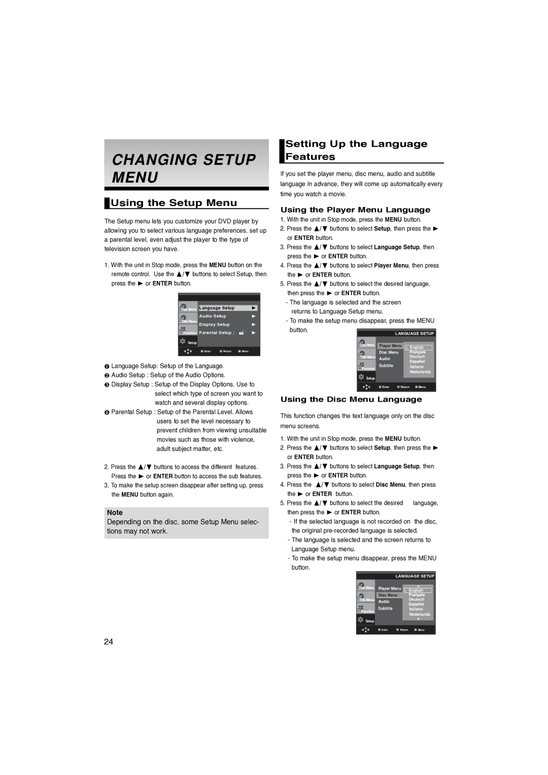 Samsung DVD-P260K/AFR manual Changing Setup Menu, Using the Setup Menu, Setting Up the Language Features 