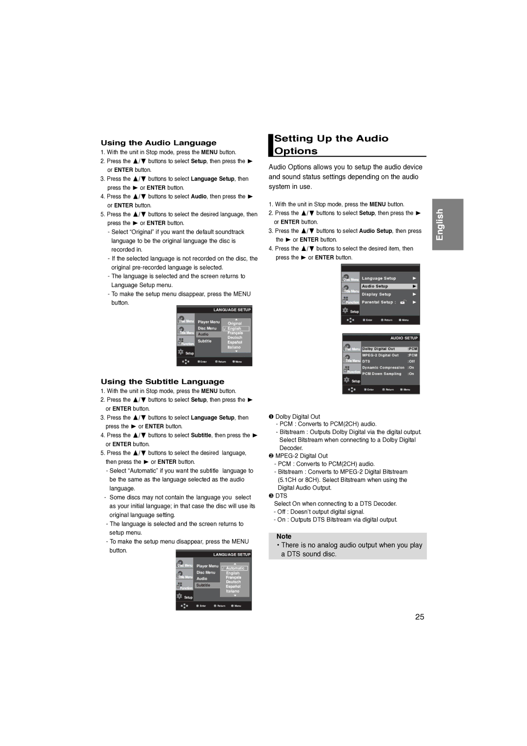 Samsung DVD-P260K/AFR manual Setting Up the Audio Options, Using the Audio Language, Using the Subtitle Language 