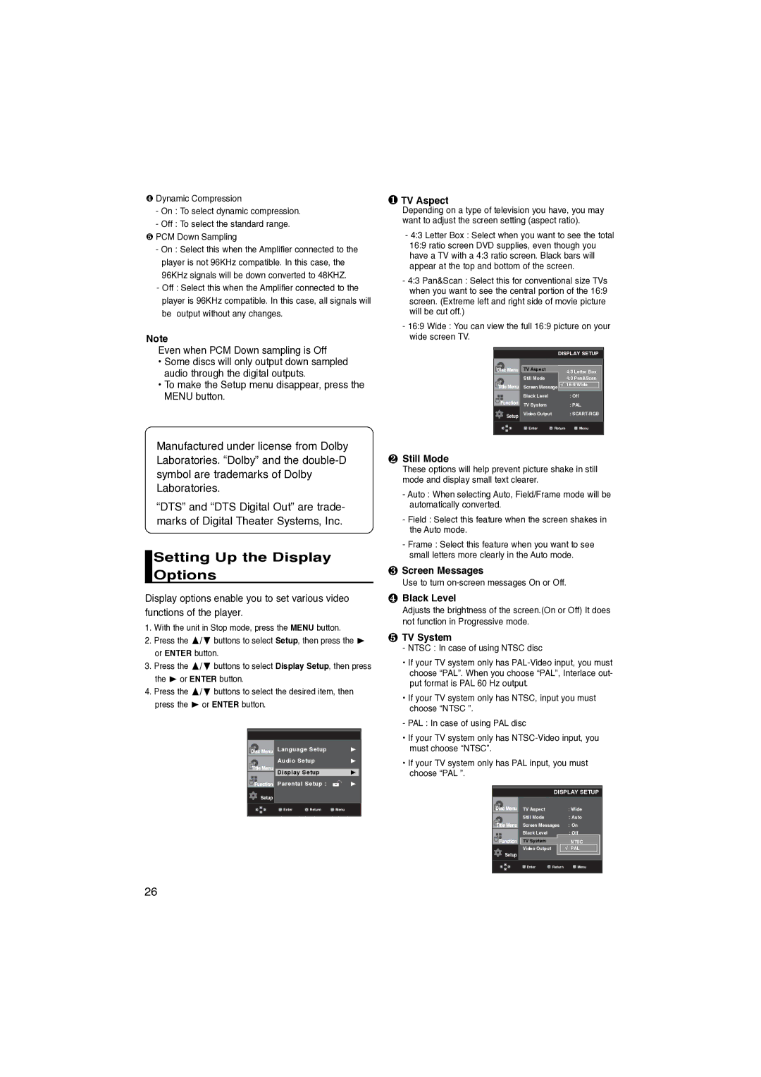 Samsung DVD-P260K/AFR manual Setting Up the Display Options 