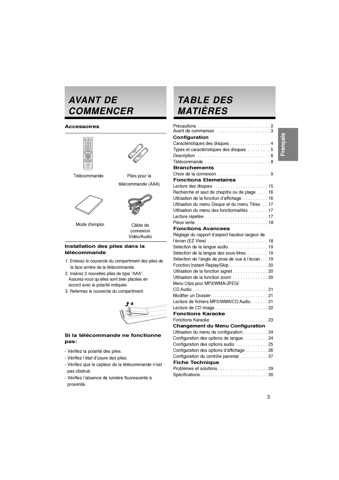 Samsung DVD-P260K/AFR manual Avant DE Commencer, Table DES Matières 