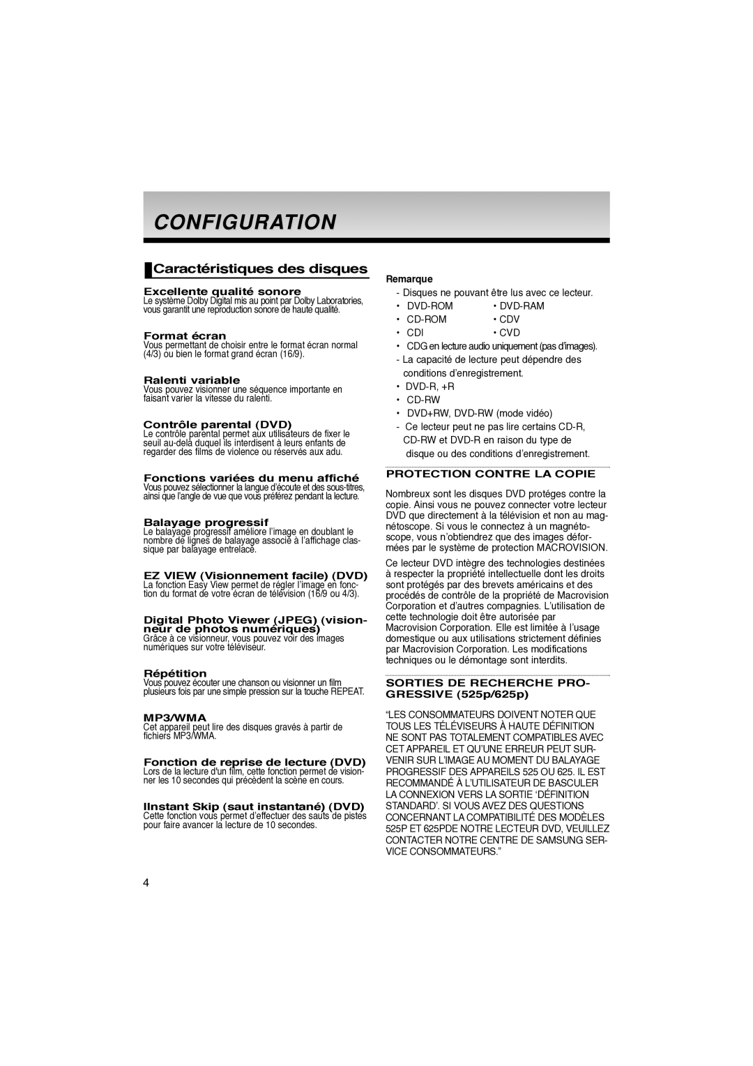 Samsung DVD-P260K/AFR manual Configuration, Caractéristiques des disques 