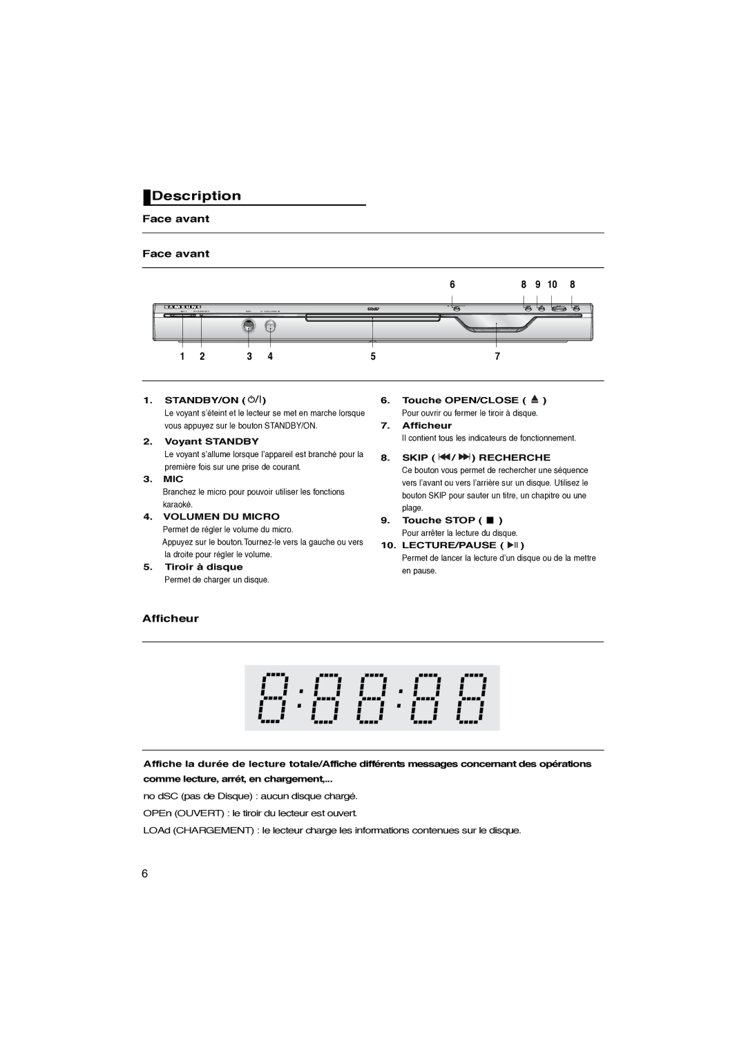 Samsung DVD-P260K/AFR manual Face avant, Afficheur 