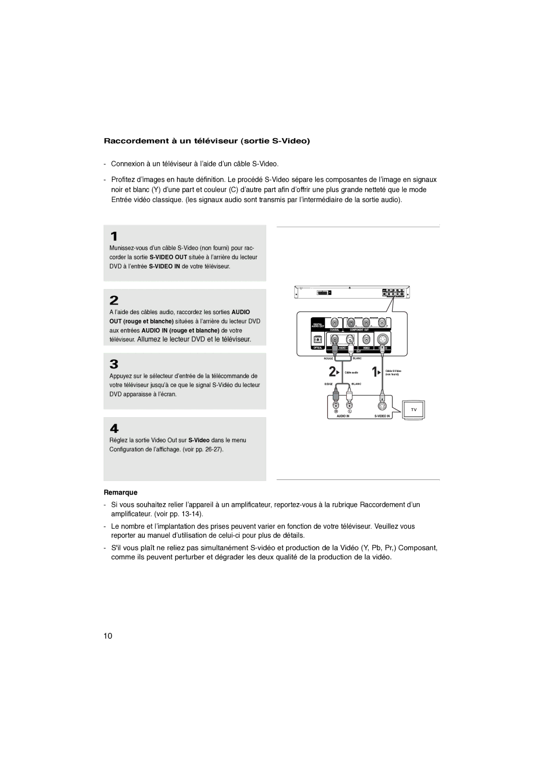 Samsung DVD-P260K/AFR Raccordement à un téléviseur sortie S-Video, Connexion à un téléviseur à l’aide d’un câble S-Video 