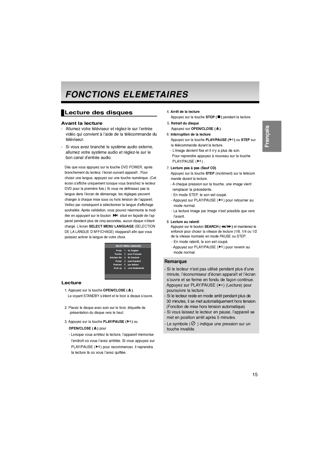 Samsung DVD-P260K/AFR manual Fonctions Elemetaires, Lecture des disques, Avant la lecture 