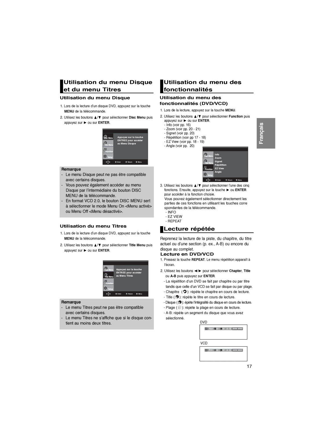 Samsung DVD-P260K/AFR manual Utilisation du menu Disque et du menu Titres, Utilisation du menu des fonctionnalités 