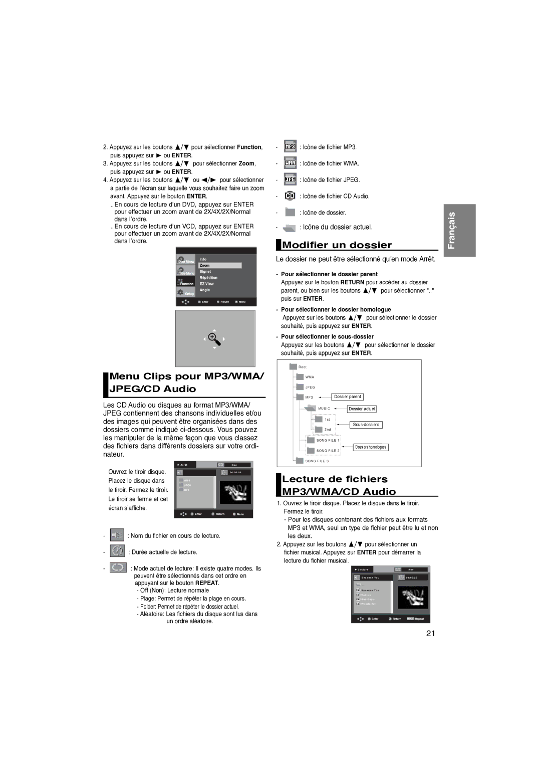 Samsung DVD-P260K/AFR Menu Clips pour MP3/WMA/ JPEG/CD Audio, Modifier un dossier, Lecture de fichiers MP3/WMA/CD Audio 