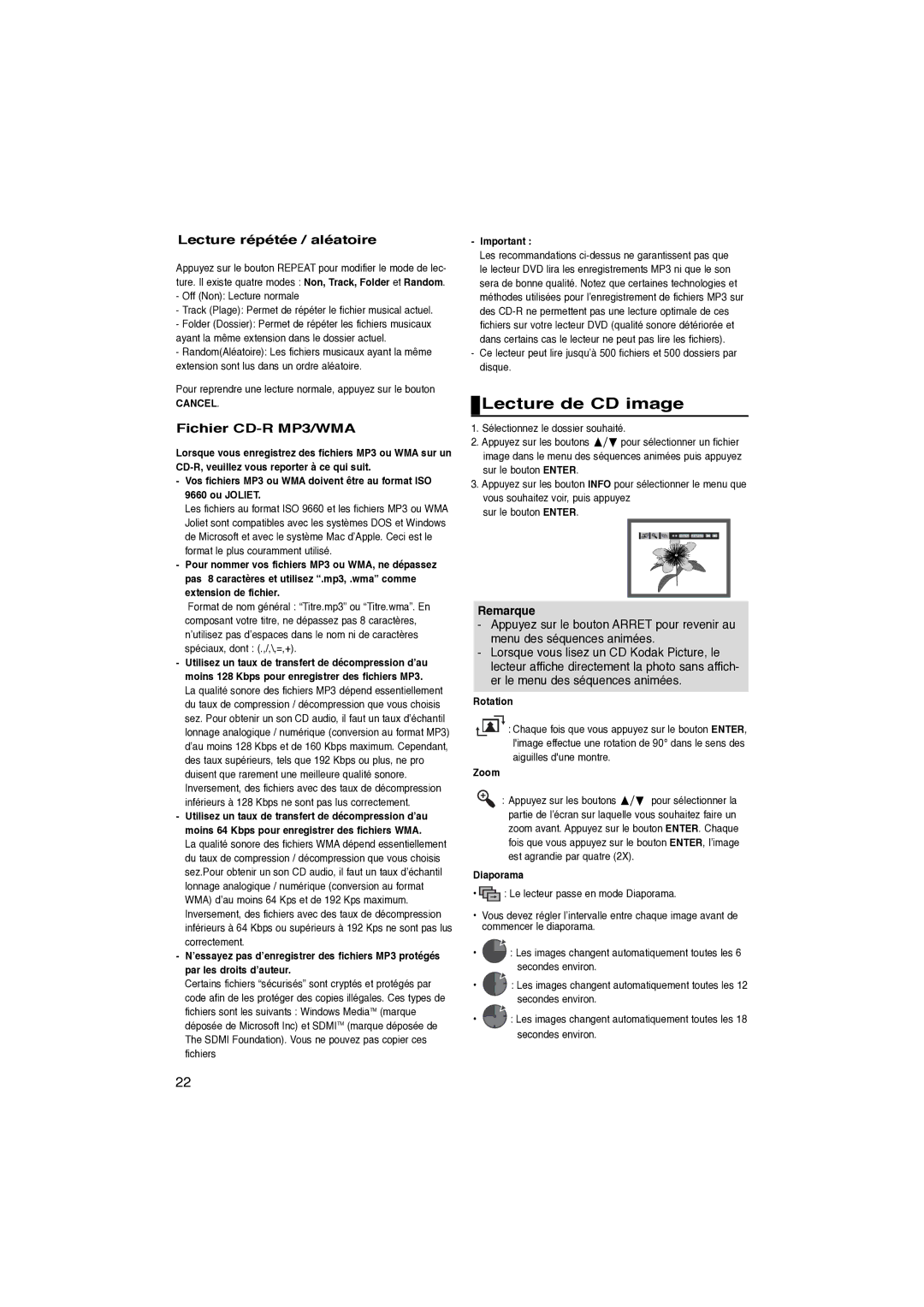 Samsung DVD-P260K/AFR manual Lecture de CD image, Lecture répétée / aléatoire, Fichier CD-R MP3/WMA, Diaporama 