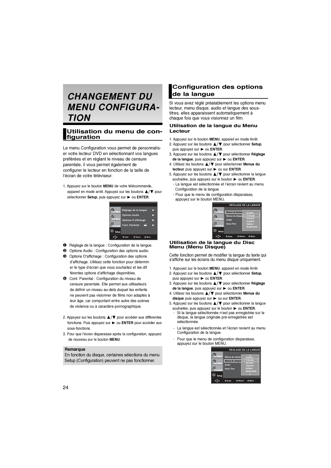 Samsung DVD-P260K/AFR manual Changement DU Menu CONFIGURA- Tion, Utilisation du menu de con- figuration 