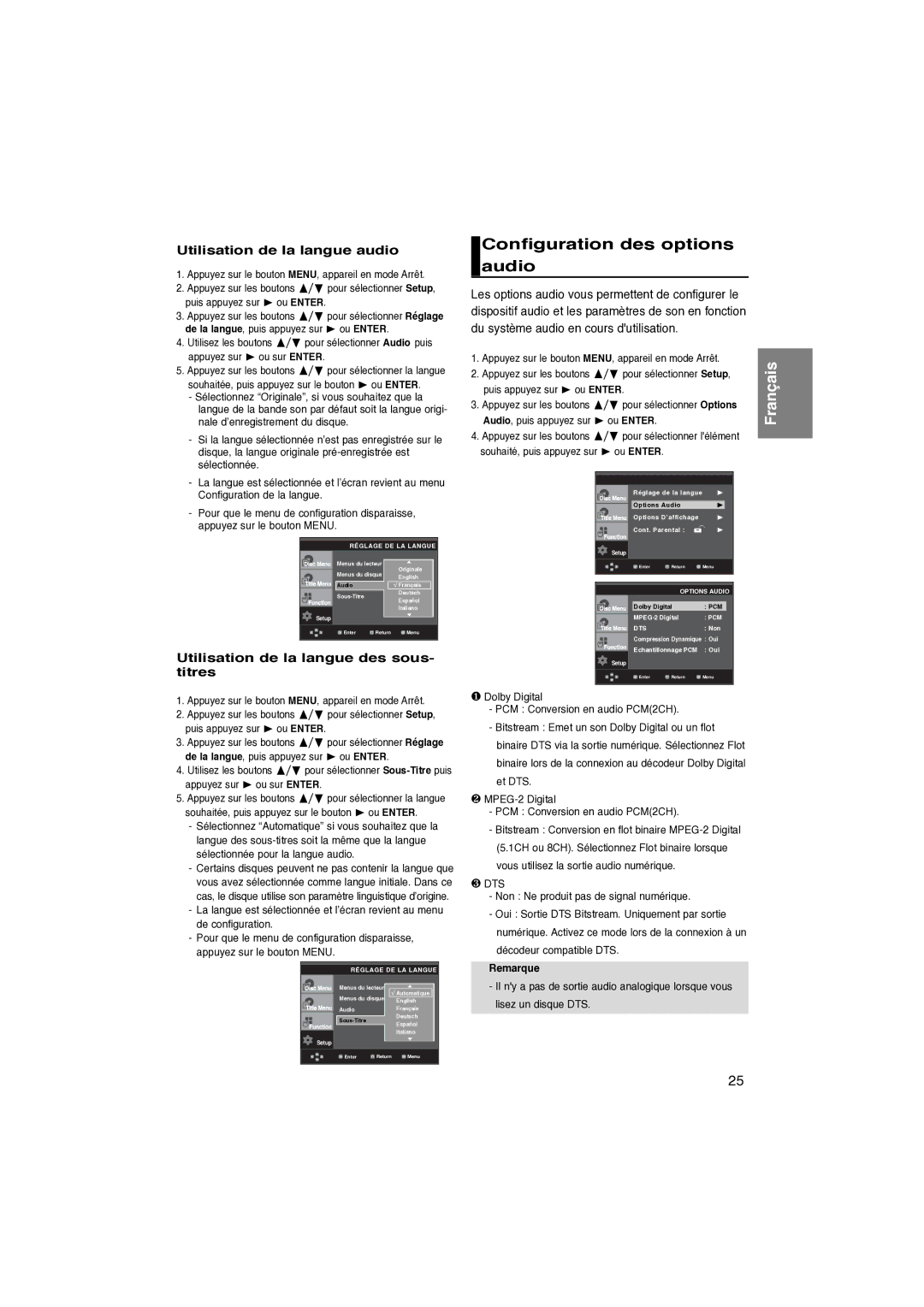 Samsung DVD-P260K/AFR manual Configuration des options audio, Utilisation de la langue audio, Remarque 