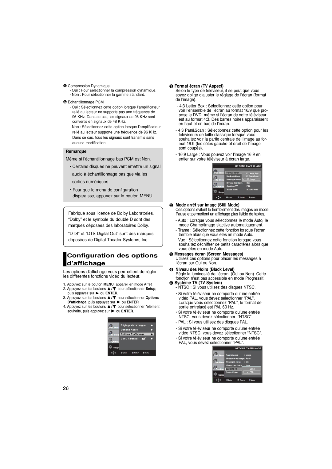 Samsung DVD-P260K/AFR manual Configuration des options d’affichage 