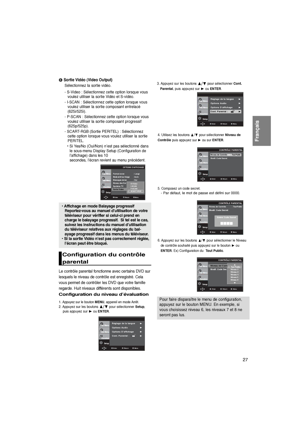 Samsung DVD-P260K/AFR manual Configuration du contrôle parental, Configuration du niveau d’évaluation, Utilisez les boutons 