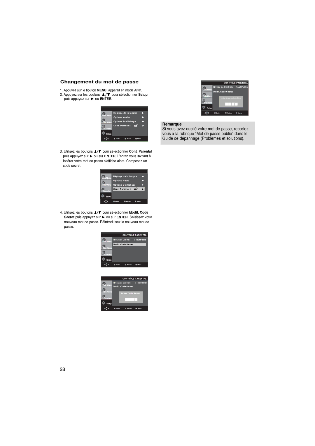 Samsung DVD-P260K/AFR manual Changement du mot de passe, Puis appuyez sur 