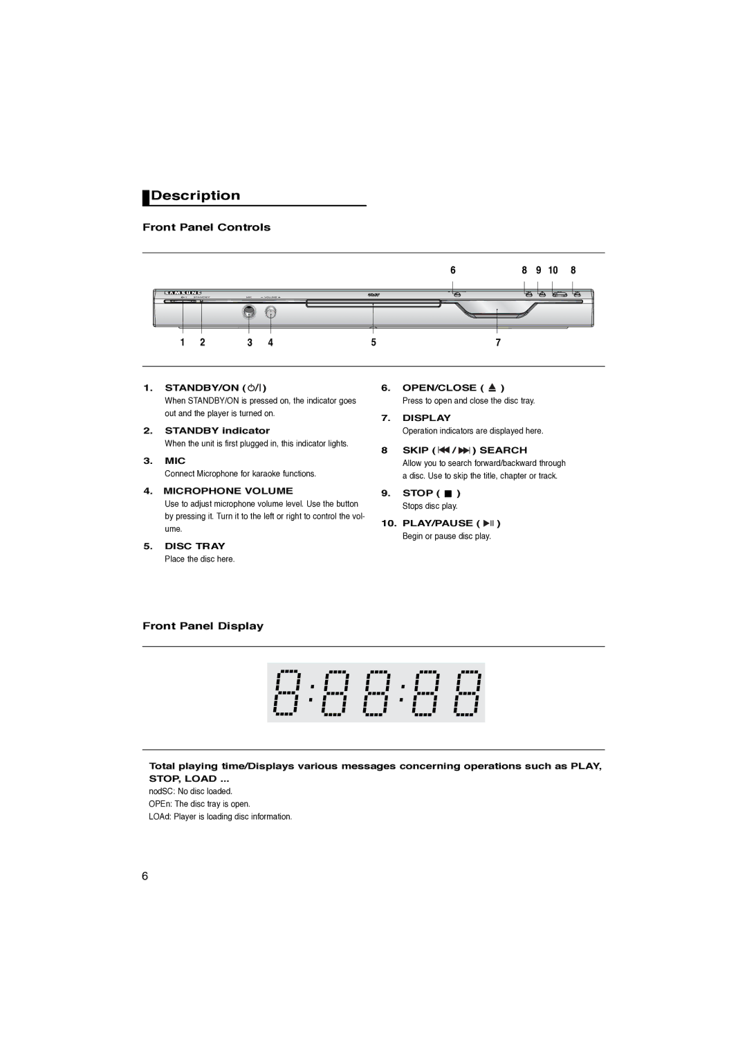 Samsung DVD-P260K/AFR manual Description, Front Panel Controls, Front Panel Display 