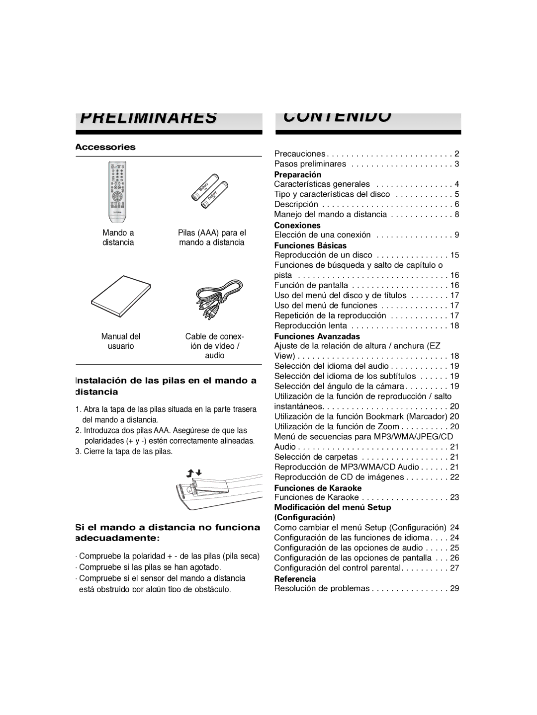 Samsung DVD-P260K/AFR manual Preliminares Contenido, Instalación de las pilas en el mando a distancia 