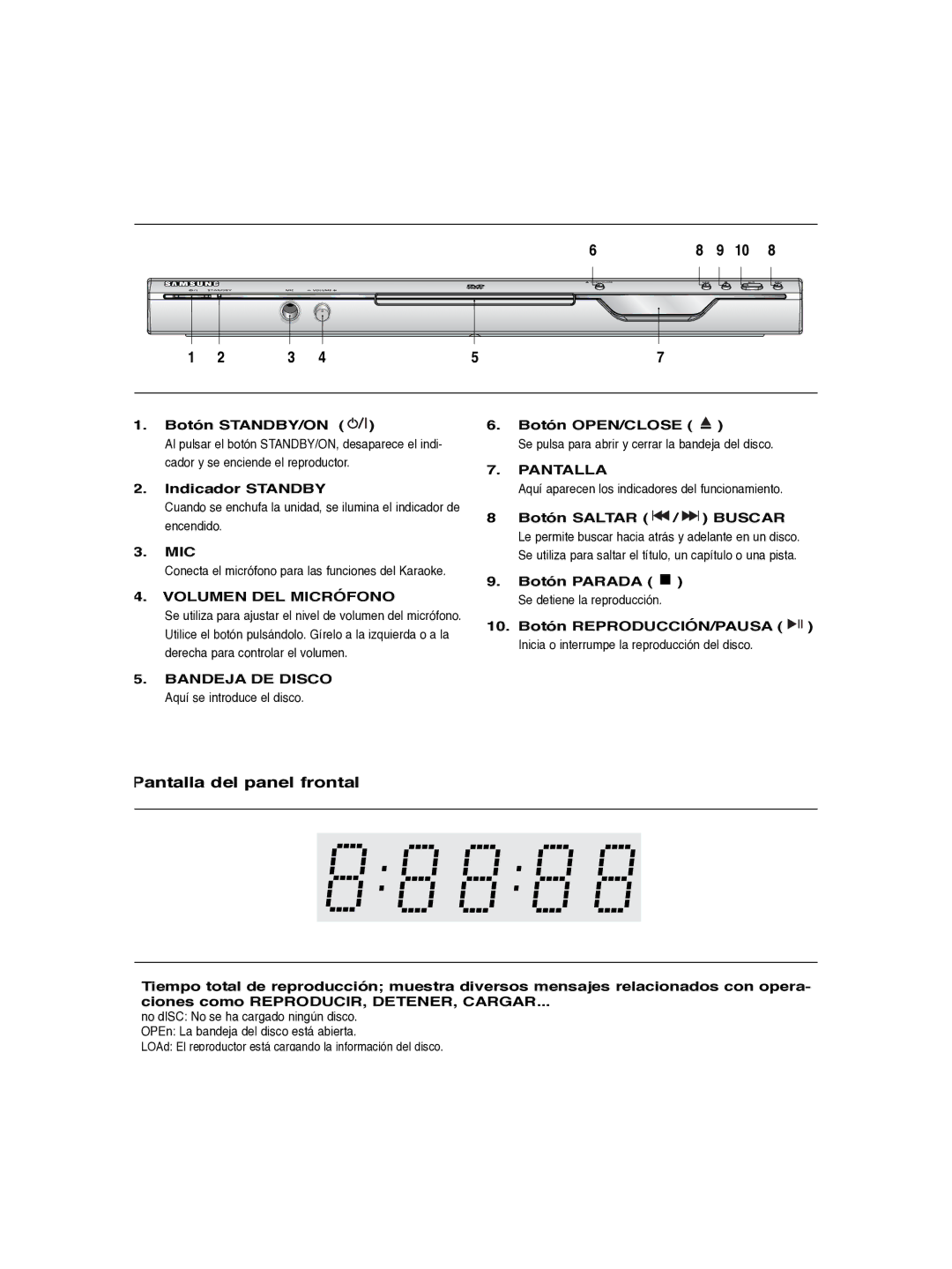 Samsung DVD-P260K/AFR manual Pantalla del panel frontal 