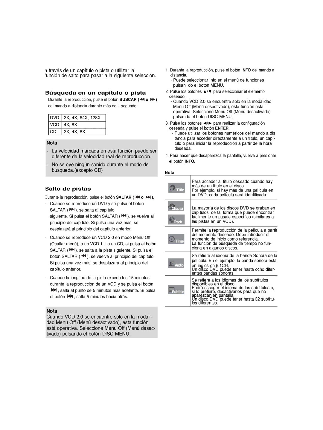 Samsung DVD-P260K/AFR manual Búsqueda en un capítulo o pista, Salto de pistas 