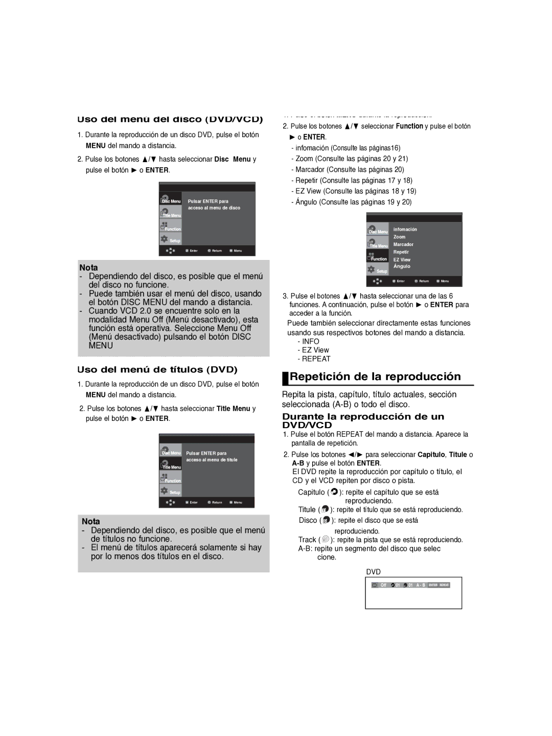 Samsung DVD-P260K/AFR Repetición de la reproducción, Uso del menú del disco DVD/VCD, Uso del menú de títulos DVD, Enter 