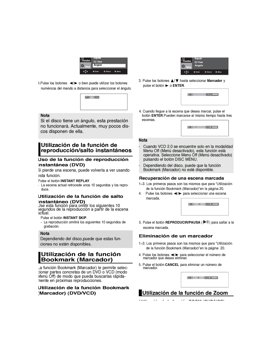 Samsung DVD-P260K/AFR manual Utilización de la función Bookmark Marcador, Utilización de la función de Zoom 