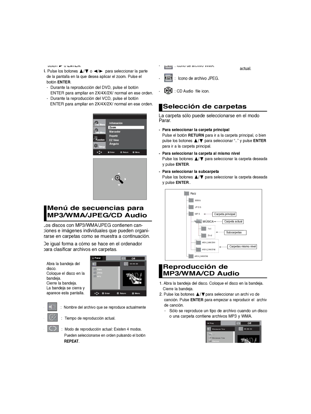 Samsung DVD-P260K/AFR manual Menú de secuencias para MP3/WMA/JPEG/CD Audio, Selección de carpetas 