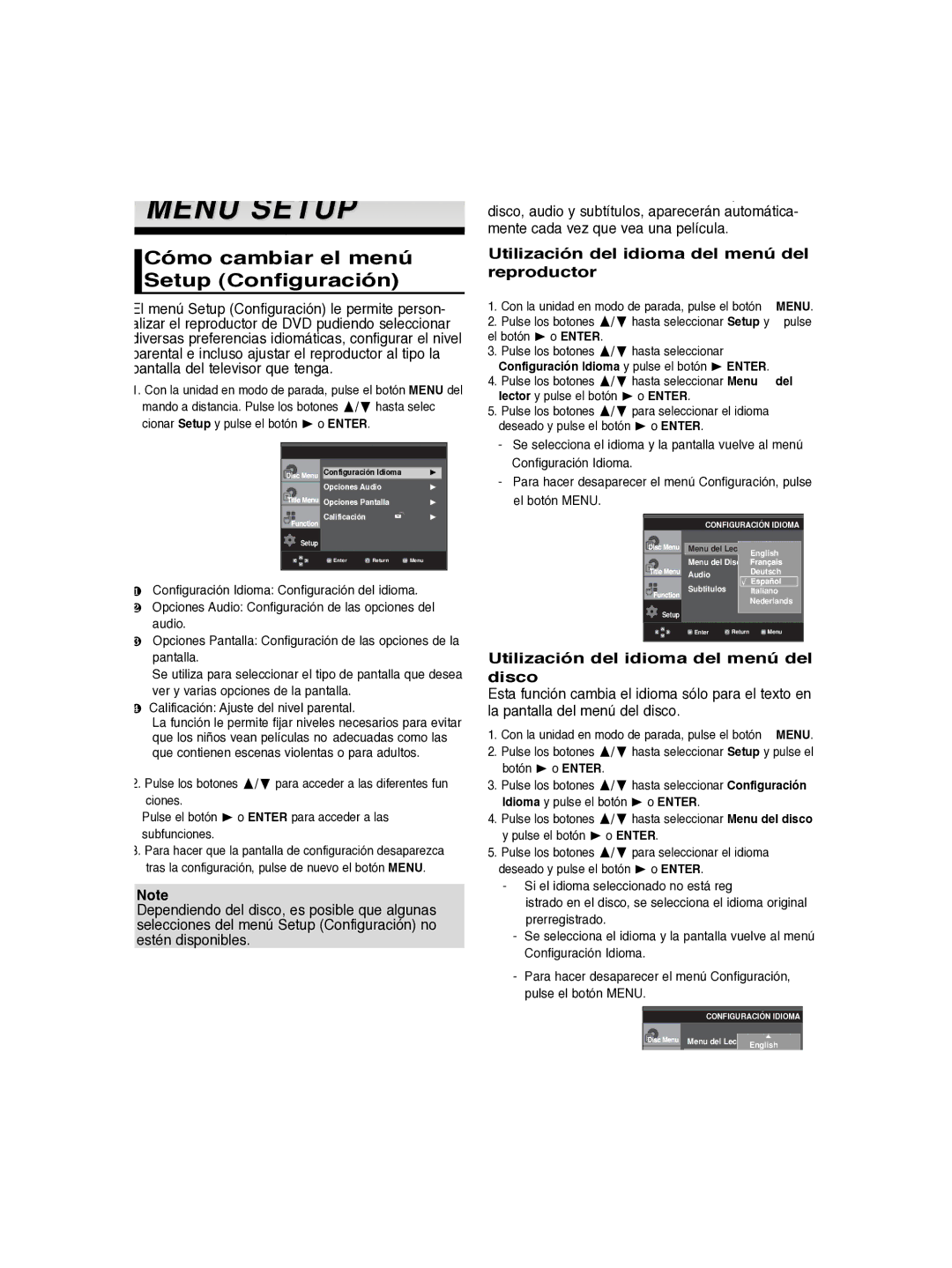 Samsung DVD-P260K/AFR Menú Setup, Cómo cambiar el menú Setup Configuración, Utilización del idioma del menú del disco, Del 